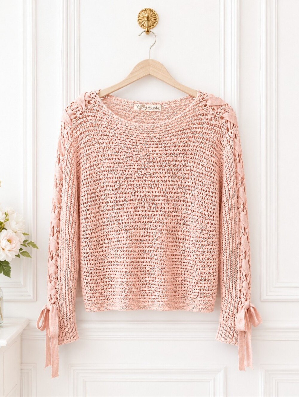 Rewind Pink Open Knit Sweater Size Small Lace-Up Sleeve Lightweight Cottagecore - Picture 6 of 10